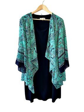Sandra Darren Dress Attached Kimono Overlay 3X BOHO Paisley Chiffon Layered
